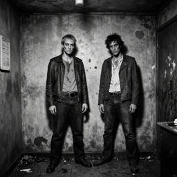 1 9 7 0 s photography, black and white, stains, a couple of mutants in a dirty backroom