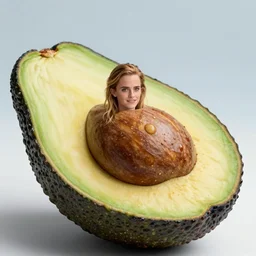 photo of emma watson in an avocado shell, photorealistic, wide angle