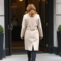 back of emma stone in beige coat, walking into new york apartment building entrance in winter, close up of apartment entrance, snow, artwork by gaston bussiere, craig mullins, trending on artstation