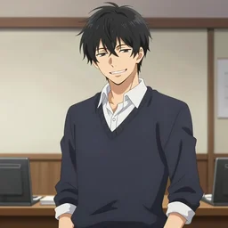 aloof anime man with emo hair wearing jock clothes, standing in headmistress's office, smug grin, smug expression, punchable expression, punchable face, sharp details, subsurface scattering, intricate details, art by artgerm, anime, anime hd wallpaper, 2 0 1 9 anime screenshot