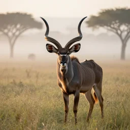 beautiful photo of a kudu in the bushveld in the early ours of the morning with morning fog and dew on the grass. sunrise. nature. photography. national geographic. detailed face and fur, ultra hd, sharp. volumetric lighting, hasselblad. nikon z 9. 1 0 0 mm. f / 2. 5