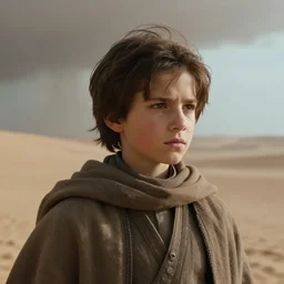 a cinematic headshot portrait of a boy in the movie dune, in a serene vast desert, storm, dry, film still, cinematic, movie still, dramatic lighting, 1 6 : 9 ratio