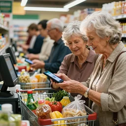 old wrinkled couple at the cashier in a grocery shop, paying using their smartphones, smartphone displays a qr code, shopping cart overflowing with groceries, long queue behind them