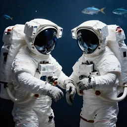 Astronaut taking a picture of fish swimming in Space