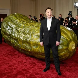 Elon Musk standing next to a giant pickle at a gala