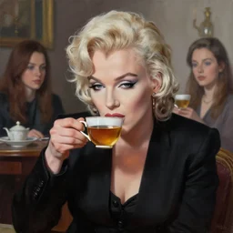 a painting of marilyn manson drinking tea in the style of mark ryden, nicoletta ceccoli, mab graves, highly detailed, digital art, smooth, sharp focus, illustration, octane render, featured on artstation