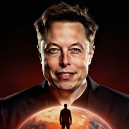 movie poster of elon musk as a villain who looks at the planet mars with a macabre smile, his face is illuminated with a red light, john alvin style