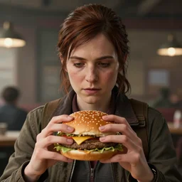 Ellie from the Last of Us holding a Big Mac burger in her hands, digital portrait by Greg Rutkowski, intricate, sharp focus, cinematic, epic, artstation