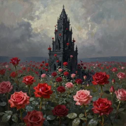 highly detailed painting of the dark tower surrounded by a field of roses, trending on Artstation