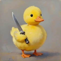 yellow duck holding a knife, oil painting