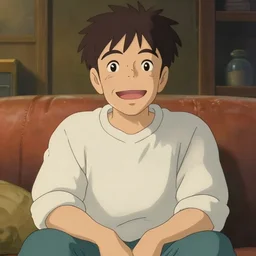 a 50 year old brunnete happy chinese man with puffy cheeks sitting on a couch at home and smilind, anime art, Greg Rutkowski, studio ghibli, dramatic lighting