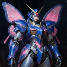 a baroque neoclassicist renaissance portrait of a deep blue and pink iridescent whimsical 1 8 0 0 s japanese mecha gundam butterfly witch. reflective detailed textures. intense look, dark background. highly detailed fantasy science fiction painting by moebius, norman rockwell, frank frazetta, and syd mead. rich colors, high contrast. artstation