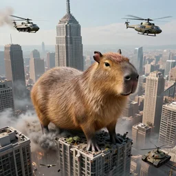 a capybara destroying skyscrapers in a large city with helicopters and tanks, smoke and destruction, conecpt art, cinematic, highly detailed, ornate, intricate detail, 4K, realistic, octane render, unreal engine
