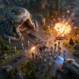aerial isometric, extreme long shot, sci - fi battlefield on naboo, star wars, republic army clones versus droids army, blaster fire and explosions, art station, render, volumetric light, digital art