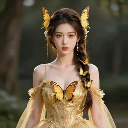 a butterfly princess wearing golden dress, wearing butterfly braid, fairy goddess, symmetrical face, highly detailed clothing, octane render, unreal engine, trending on artstation.