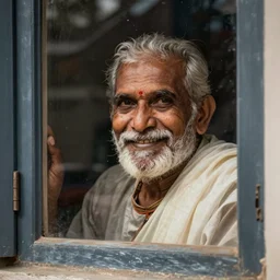 an old indian man smiling seen through a window