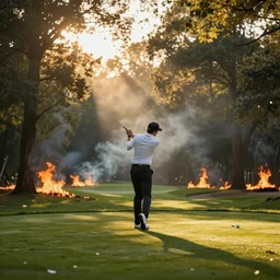 close-up of an athletic golf player in a lush golf course, low angle, magical lights, golden hour, in front of a burning forest, smoke fire, sunlight shining through the branches of trees, digital painting, cinematic, 4k, forest ray light, particles light, Noah Bradley, ilya kuvshinov