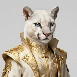 award winning beautiful portrait commission of a male furry anthro albino puma with a beautiful hyperdetailed attractive outfit and face wearing a gold and black rockstar outfit playing guitar on a stage. Character design by charlie bowater, ross tran, and makoto shinkai, detailed, inked, western comic book art