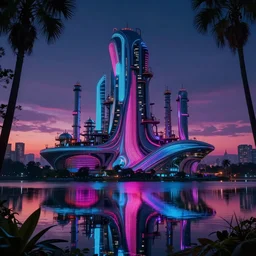 industrial architecture by santiago calatrava, galactic retrowave lake magic realism bladerunner 2 0 4 9 nature tron thermal imaging laser forest synthwave wilderness at dawn neon noir lightpaint, archdaily, wallpaper, highly detailed, trending on artstation.