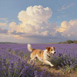 a beautiful rococo painting of a dog running on a lavender field, puffy clouds, wide shot, golden hour, matte painting, concept art, trending on artstation, artstationHD, artstationHQ, 4k, 8k