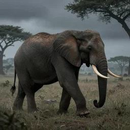 Carnivorous elephant walking through the savannahs, dark, moody, foggy, Anime Art Style