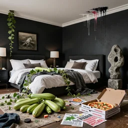 hyperrealistic photograph of courgettes in a trashed luxury apartment bedroom, art supplies, clothes, vines, empty vegan pizza boxes, propaganda leaflets, a large zen stone sculpture, paint dripping from ceiling, black walls