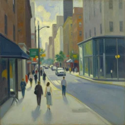 A busy city center, oil painting by Edwrad Hopper, 1951