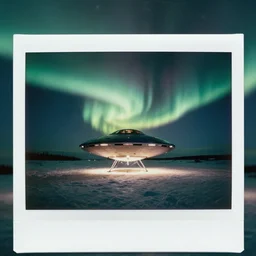 polaroid photo of a UFO encounter in the artic, aurora borealis, HD scan,