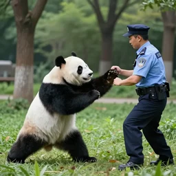 90's Professional Color Photography, Nikon, A panda fights with a policeman in the park with his bare hands., Summer