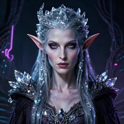 realistic portrait of beautifully crystalized and detailed portrait of a elvish witch, matte painting of cinematic movie scene, dark fantasy, created by gustave dore and greg rutkowski, high detailed, smooth draw, synthwave neon retro, intricate, realistic proportions, dramatic lighting, trending on artstation.