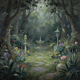 a gorgeous, fantastic, magic garden landscape by michael kidd, escher, trending on artstation, artgerm, acrylic on canvas, muted colors, darker,!! low contrast!!, chillwave