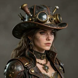 a steampunk woman, long hair, aged 4 0, wearing a steampunk hat made of junk, photo realistic, real life, octane render, trending on artstation