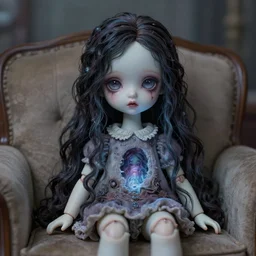 porcelain doll sitting on a couch with a spirit trapped inside stares intently into the camera, endless gaze, nightmare digital art, artstation, ultra detailed, beautiful aesthetic art