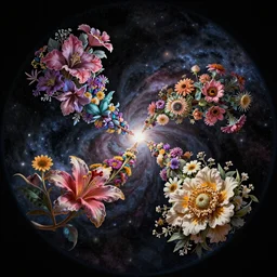 An epic fantastic realism comic book style painting of the most beautiful entwined flowers launched across the dark galactic night sky, nebulous bouquets, fisheye lens, unreal 5, DAZ, hyperrealistic, octane render, dynamic lighting