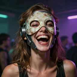 woman laughing made of mech mask rendered in unreal engine, cyberpunk, rave, scifi, painted by albrecht durer | bernard buffet | carne griffiths | wlop