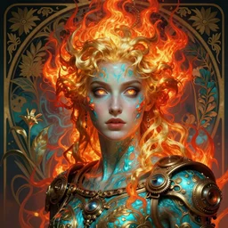 the greek god kanyw west, firey gold hair, body made of water, steampunk, beautiful glowing eyes, volumetric lights, red and cyan theme, art nouveau botanicals, intricate, highly detailed, digital painting, artstation, concept art, smooth, sharp focus, cinematic, illustration, beautiful face, art by artgerm and greg rutkowski and alphonse mucha