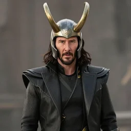 film still of Keanu Reeves as Loki wearing the horned helmet in Avengers Endgame