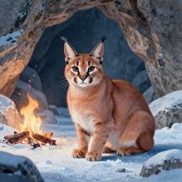 grainy risograph, painting of a cute fluffy caracal in cave, icescape, fire hearth, desolation, vivid colors, by moebius and lehr paul and kim jung gi