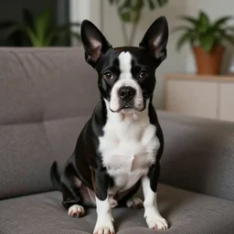 a dog that looks like mickey mouse, white face, black body, black nose, black sharp ears, sitting down on a sofa, house plants in the background, indoors, dim light, photograph, 4 k, shot on iphone