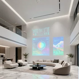 interior of luxury condominium with minimalist furniture and 3 d holographic displays on the wall | marble floors and very high ceilings by makoto shinkai, ilya kuvshinov, lois van baarle, rossdraws and frank lloyd wright