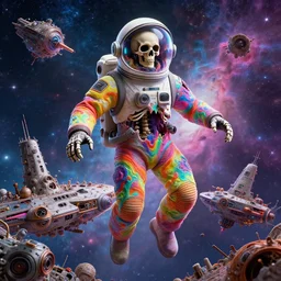 a psychedelic cosmonaut skeleton melting tearing his suit off, rainbow melting color scheme, floating in the cosmos nebula, glass space helmet, in front of a destroyed retrofuturism spaceship covered in old technology, Beksinski, Greg Hildebrandt, 8k highly detailed ❤️‍🔥 🔥 💀 🤖 🚀