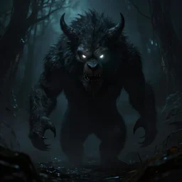 A scary beast in darkness with glowing eyes sensing your presence, trending on artstation, moody, atmospheric, digital art