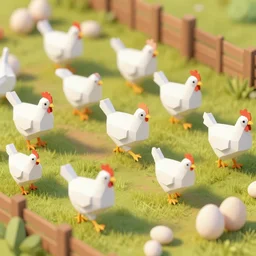 low poly white chickens running through a farm, isometric view, 3d render, detailed, ray tracing, Eggs Inc