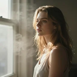 very very beautiful photograph of emily skinner looking like annie leonhart standing next to a window god rays shining on her from the sunlight, volumetric fog, smoke, depth of field, beautiful composition, very very beautifull!!, on artstation and instagram