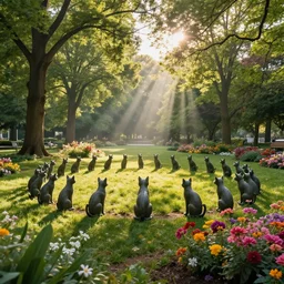 A park full of trees and flowers with statue cats forming a circle ,god rays, incredible lighting, 4k photography award winning,
