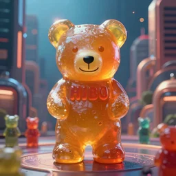 portrait of haribo bear in future city, color and shape focus, central composition, natura