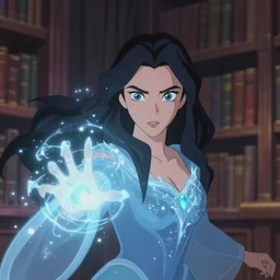 animation still frame of an attractive female sorceress ( long dark hair ) casting a icy frost spell, high angle closeup portrait, blurry background of the library, disney, pixar, bloom, medium shot, dramatic lighting, in the style of studio ghibli, j. c. leyendecker, greg rutkowski, artgerm