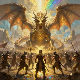 ultra realist soft painting of an epic army facing a gigantic dragon, very intricate details, golden ratio, volumetric rainbow lighting, reflections, refractions, symmetry accurate anatomy features, fantasy war scene background, unreal render, Boris Vallejo artstyle