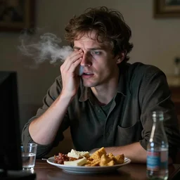 Guy who fart while watching TV, junk foods, by Philippe Vuillemin