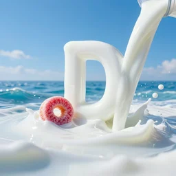 side view extreme close up of a white vitamin d milk ocean sea. nice blue sky on horizon. an ocean of gentle waves made of white milk. on the wave a couple of huge fruit loops float. digital art, cgsociety award winner, ue 5, 4 k, dramatic lighting, subsurface scatter, hdr.
